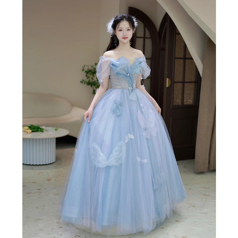 Blue Banquet Evening Dress for Women 2024 New High-Grade Princess on the Run Toast Dress Fairy Light Luxury Annual Meeting Dress