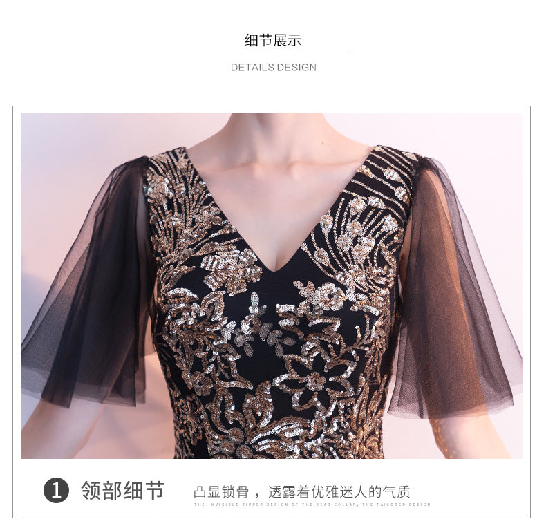 Evening Dress for Women 2024 New Banquet Socialite Gathering Long Style with Medium Sleeves V-neck Black Paillette Host Fishtail