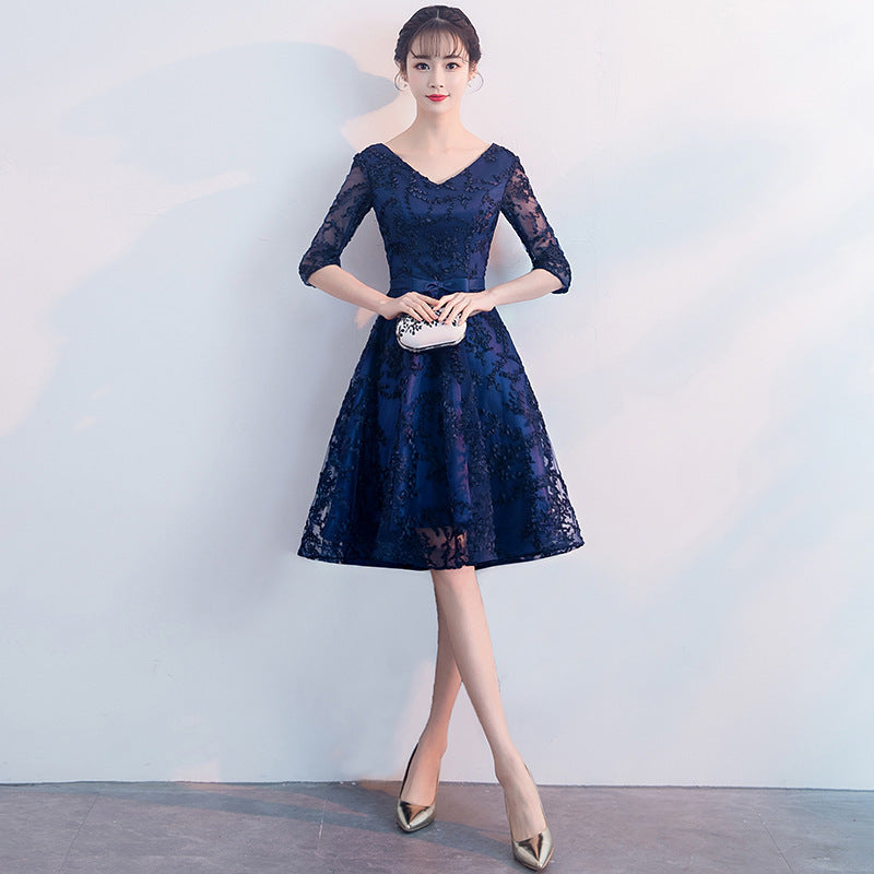 Navy Blue Evening Dress Temperament Banquet Mom Wedding Reception Clothes Front Short Back Length Dress Daily Style Autumn and Winter