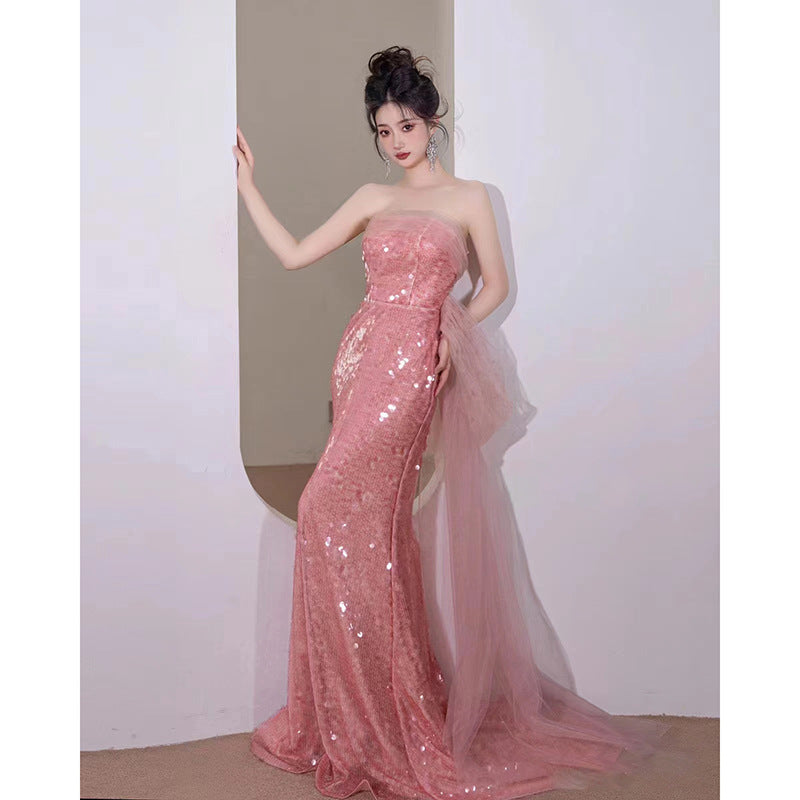 Evening Dress Dinner Ball Dresses Pink Sequin Lace French Style Pink Dress Elegant Fishtail H129