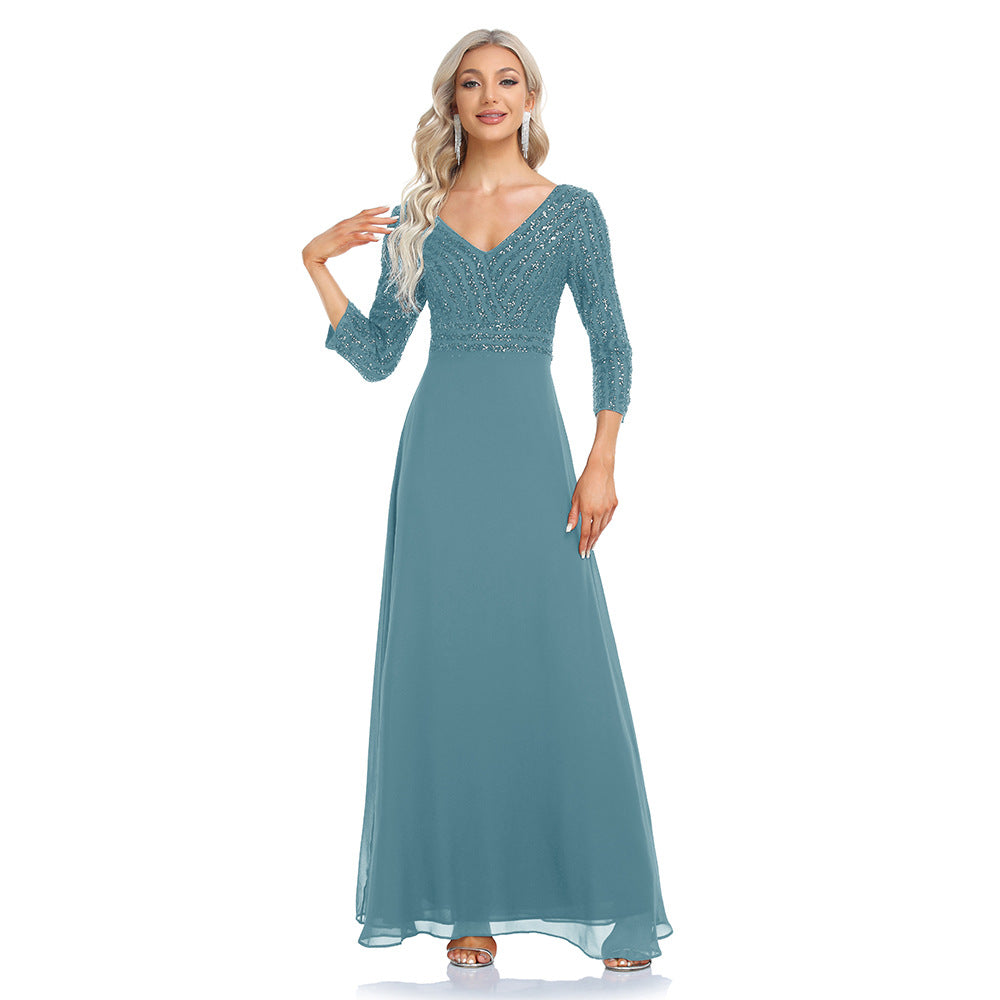 2023 Spring and Summer Women's Chiffon Bridesmaid Dress Double V-neck Dress 3/4 Sleeve A- line Large Hem Sequin Stitching Evening Dress