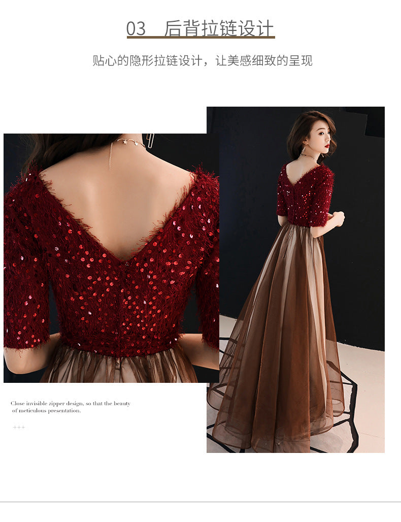 Summer Evening Dress for Women Banquet Temperament Annual Meeting Long Style 2024 New Modern Socialite Host Wine Red Autumn