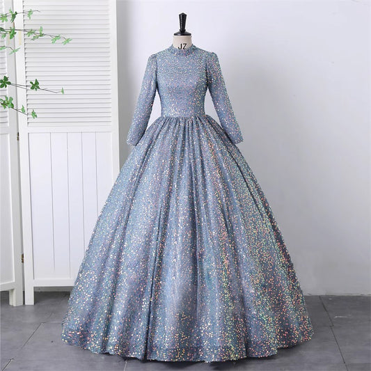 High Collar Evening Dress Women's Sequined Luxury High-End Stage Solo Performance Costume Vocal Music Art Test Annual Meeting Pettiskirt