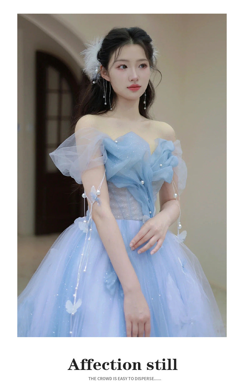 Blue Banquet Evening Dress for Women 2024 New High-Grade Princess on the Run Toast Dress Fairy Light Luxury Annual Meeting Dress