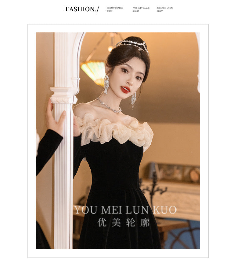 off-Shoulder Black Evening Dress 2024 New Banquet Temperament Host French Entry Lux Niche Long Sleeve Autumn and Winter