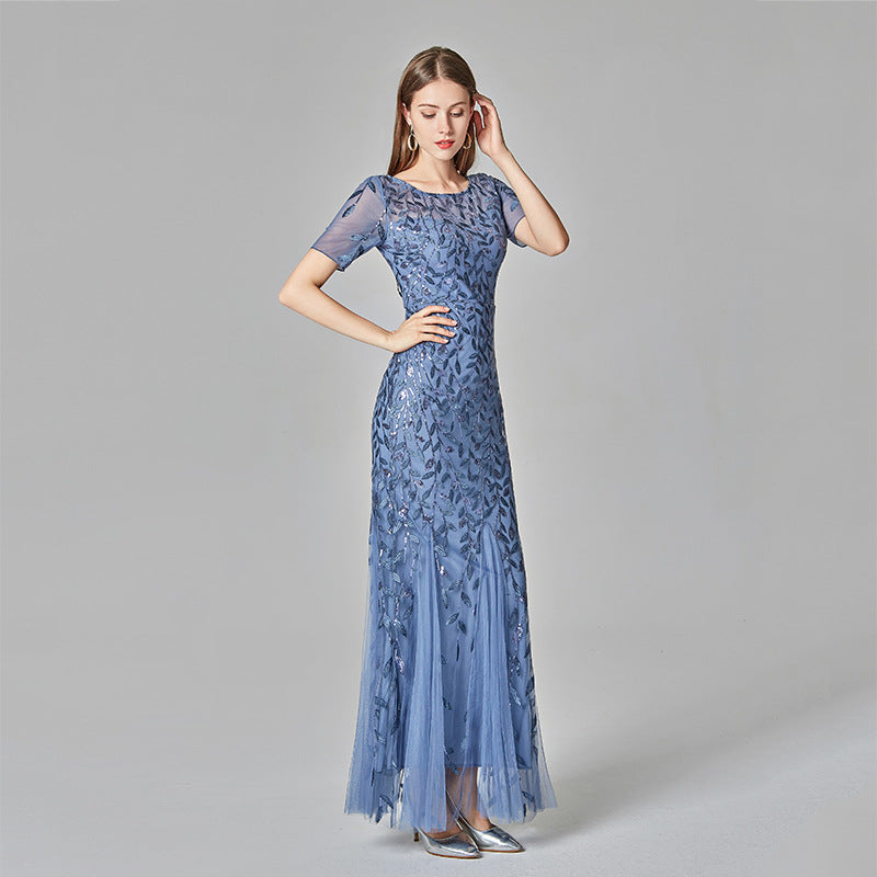 Spring and Summer Cross-Border 2024 Banquet Host European and American Slim Mesh Sequins Evening Dress Fishtail Dress Women