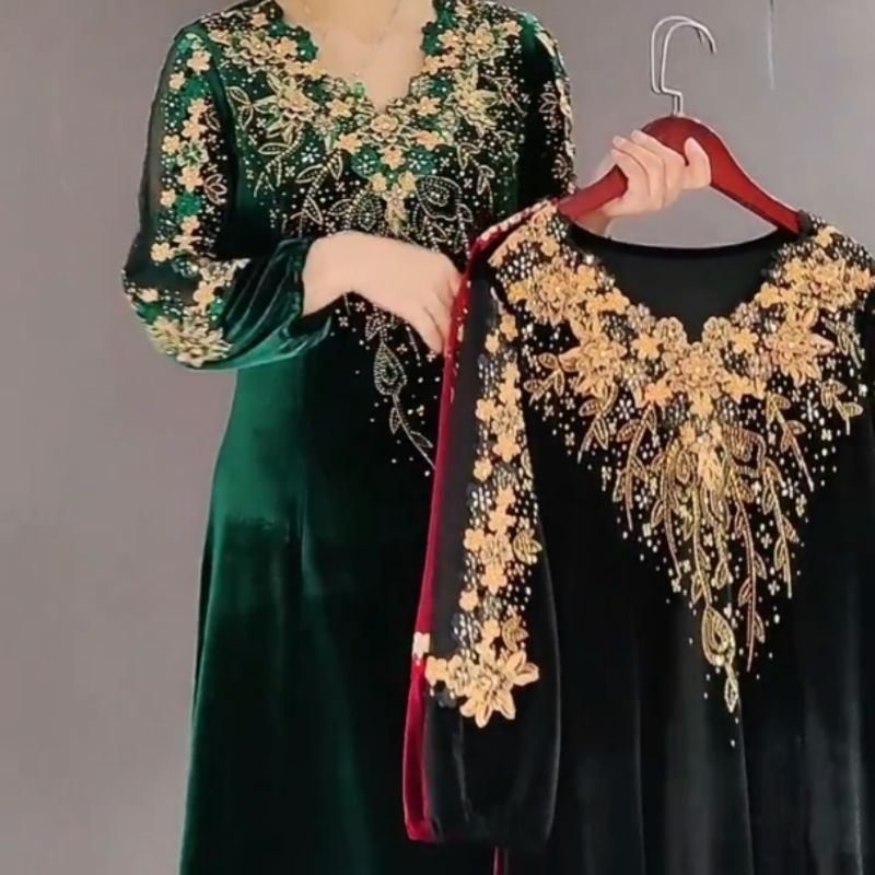 Muslimah Dress Green Black Long sleeve Gown H93332