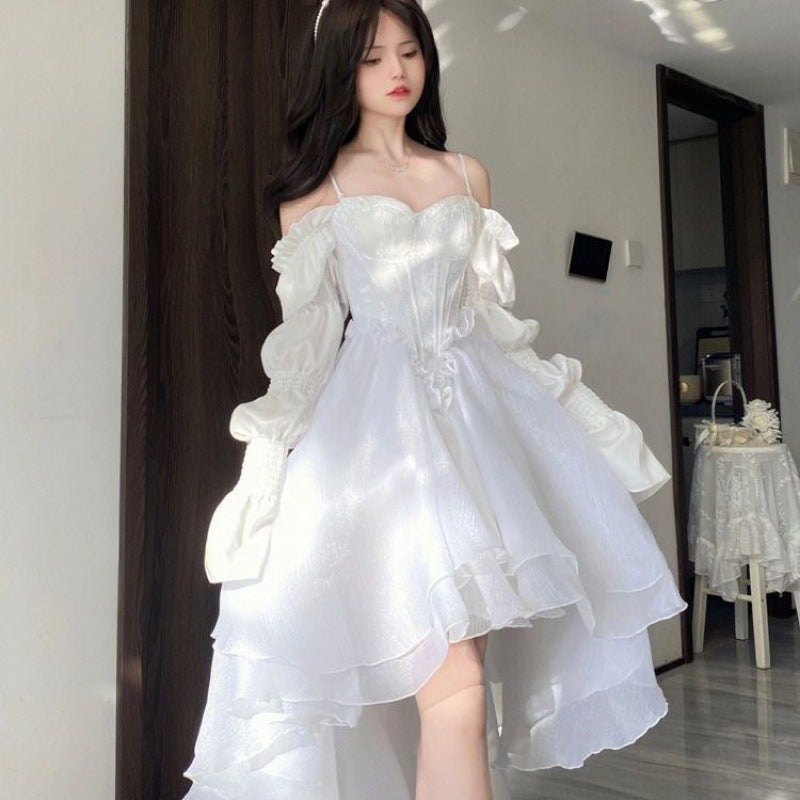 French Blue Floral Strapless Dress Women's Summer Princess Vintage Vintage Lolita Dress
