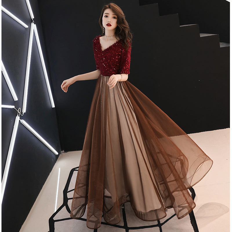 Summer Evening Dress for Women Banquet Temperament Annual Meeting Long Style 2024 New Modern Socialite Host Wine Red Autumn