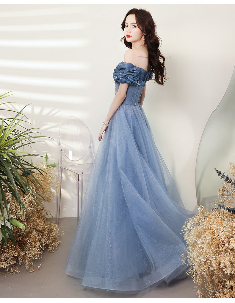 Blue Evening Dress Women's off-Shoulder 2024 New Autumn Banquet Temperament Performance Host Texture Art Exam Dress