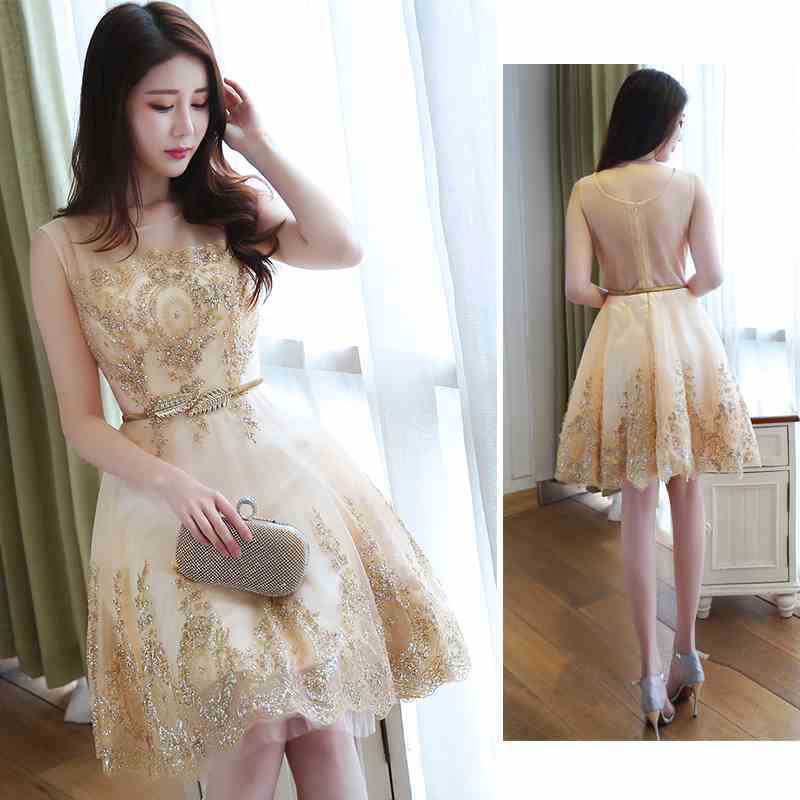 Bridesmaid Dress Short New Fashion Host Gold Evening Dress Slimming Dress for Women