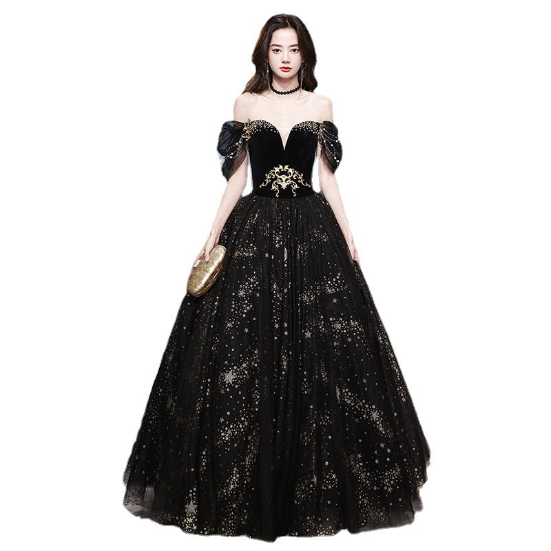 Evening Dresses Off Shoulder Dinner Ball Gown Lace Black Banquet Dress Gala H887