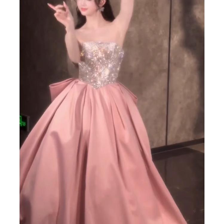 Pink Evening Dress for Women 2024 New High-Grade Tube Top Banquet Temperament Host Birthday Dress 18-Year-Old Adult Ceremony