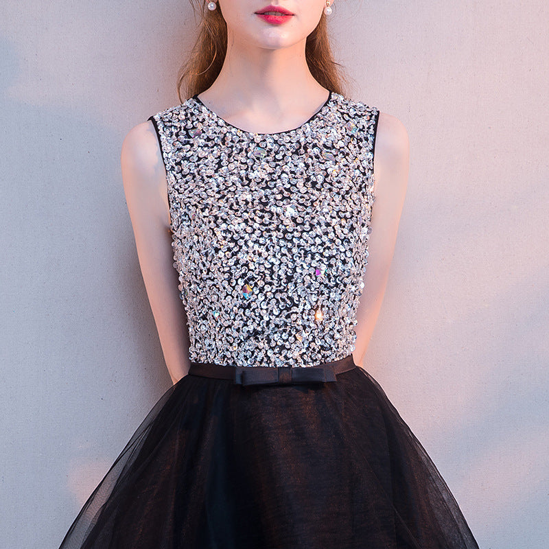 Black Evening Dress Women's New Banquet Noble Performance Front Short Back Long Host round Neck Sequins Small Dress Stage