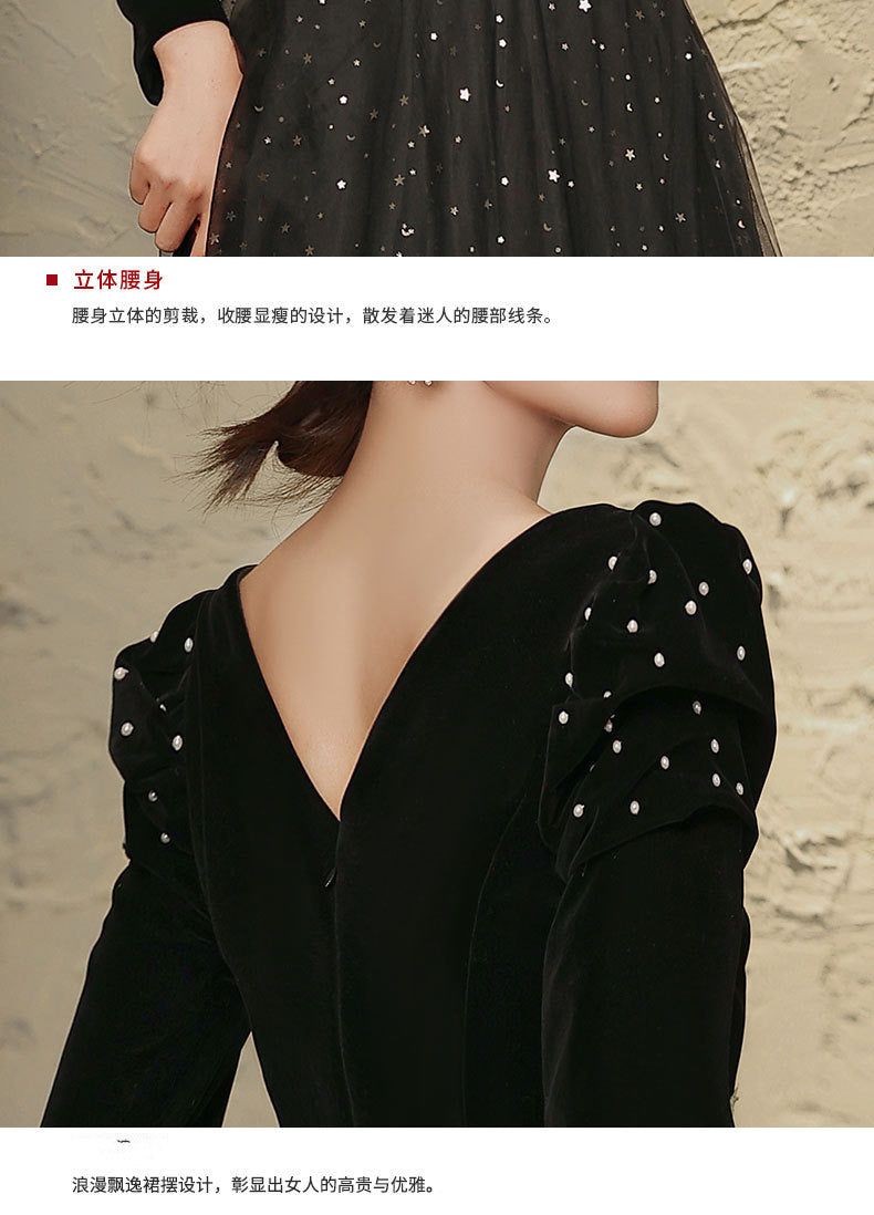 Banquet Evening Dress 2024 New Black Ladies Long Sleeves Graceful Formal Dress Host Performance Dinner Annual Meeting Gift