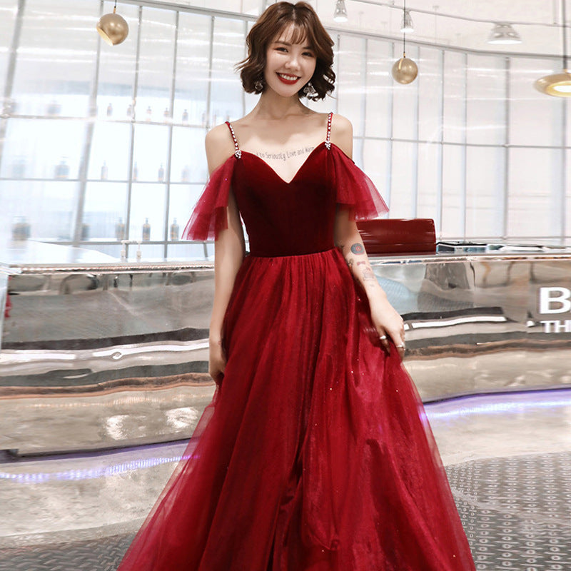 Toast Dress Bride Wine Red Dress Slimming Temperament 2022 New Banquet Strap Handmade Marriage Engagement Dress