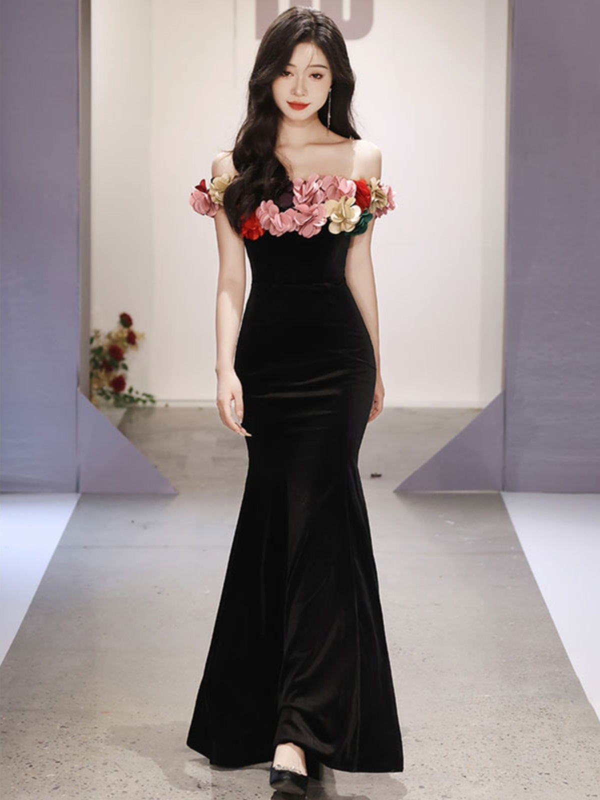 Evening Dresses Flower Gown Black Velet Off Shoulder Dress French Fishtail Long Skirt H88323