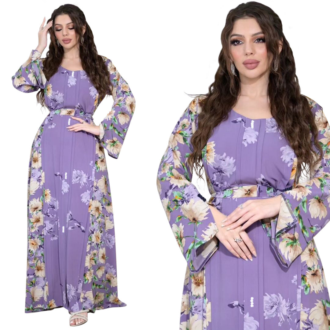 Xqy500296 Abaya Dubai Arab Cross-Border Middle East New Printed Dress Muslim Robe