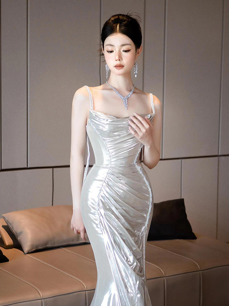 Morning Gowns Women's 2024 New Fishtail Strap Toast Dress Bride Engagement Dress Banquet Temperament Host Evening Dress