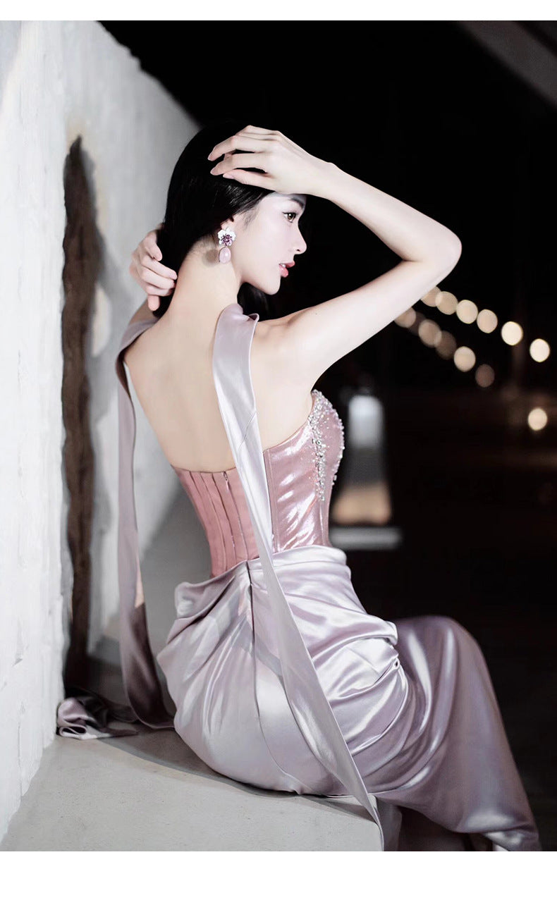 Pink Toast Clothing Morning Gowns 2024 New High Sense Banquet Temperament Host Tube Top Bride Engagement Formal Dress Female