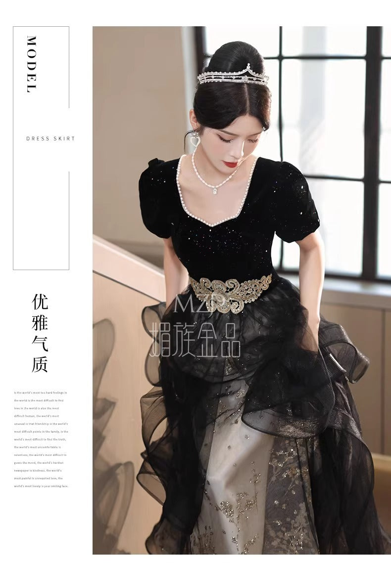 Black Evening Dress for Women 2024 New Banquet Long Sleeve French Summer Vocal Music Art Test Dress Light Luxury Minority High-End