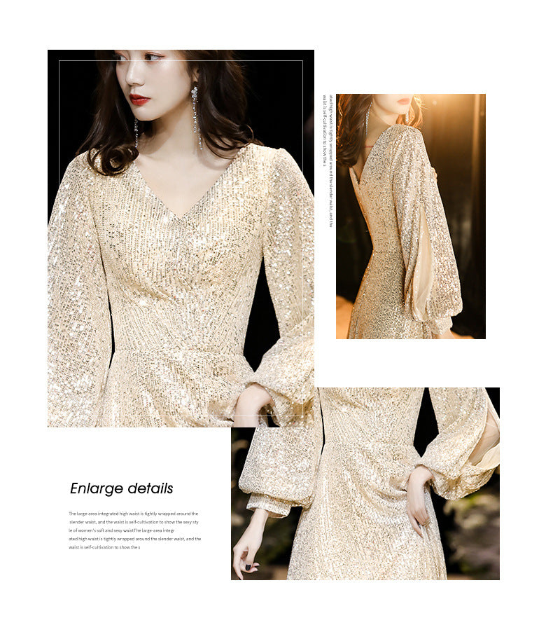 Factory Supply Evening Dress 2024 New Autumn and Winter Long Long Sleeve V-neck Sequins Champagne Annual Party Evening Dress