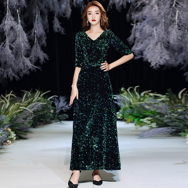 Green Sequins Annual Party Evening Dress Female 2024 Spring and Spring New Banquet Temperament Texture Host Long Dress