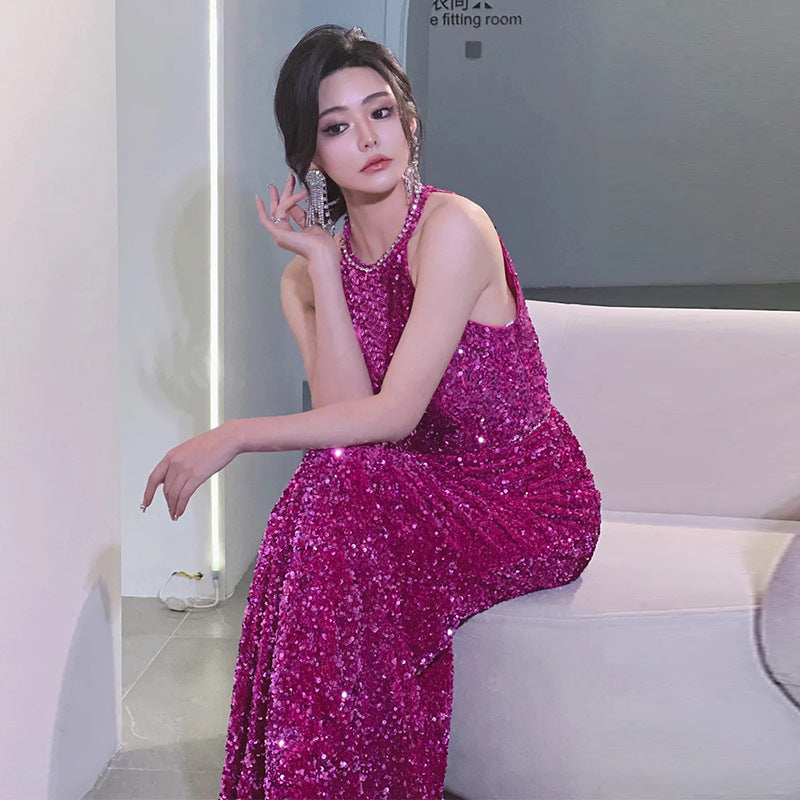 Rose Red Evening Dress Temperament Entry Lux Sense Backless Fishtail Engagement Dress Bridal Halter Toast Dress