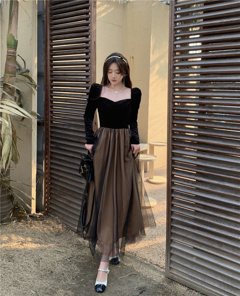 Black Vintage Velvet Dress Women's Autumn and Winter French Temperament Socialite Slim Fit Cinched Mesh Dress Long Skirt