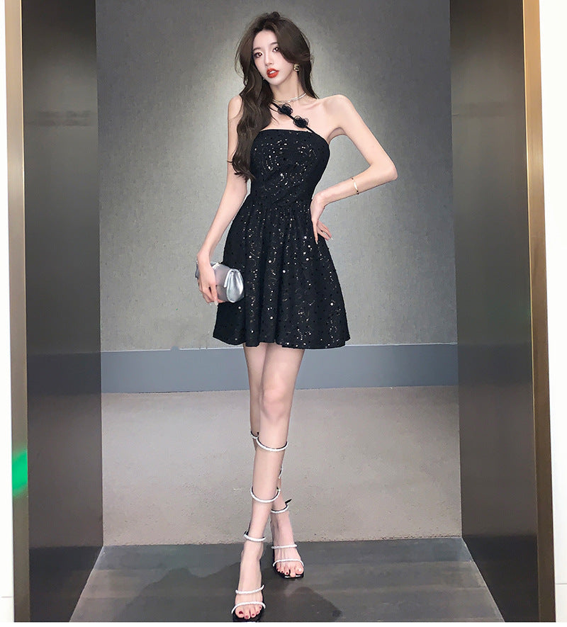 6155 Cross-Border in Stock 2024 New Sweet Lady Heavy Craft Sequin Slim Fit Bandeau One-Shoulder Dress Dress