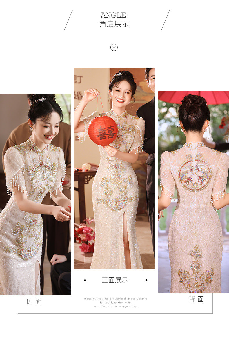 New Chinese Evening Dress Light Luxury High-End Toast Dress Bride Bride Outfit Champagne Cheongsam Engagement Dress Spring