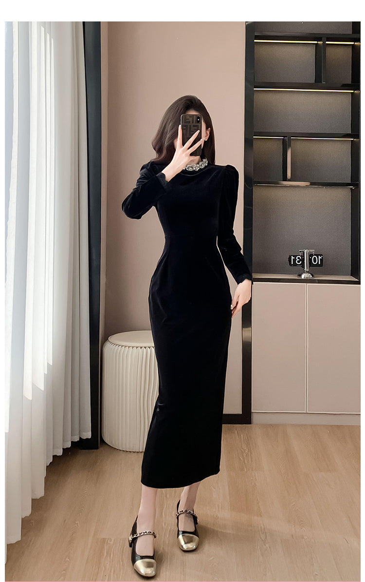 Black Dress High-End Dress Long Light Luxury Beads Rhinestones Long Sleeve Velvet Dress Autumn and Winter Annual Party Banquet Evening Wear