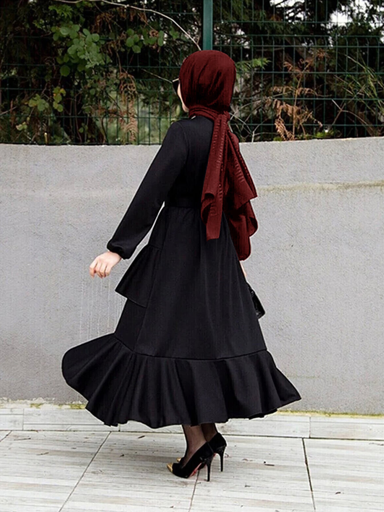 2207# Middle East Women's Clothing Turkey Explosion Long Dress Muslim Dress Double Layer Ruffled Waist Dress