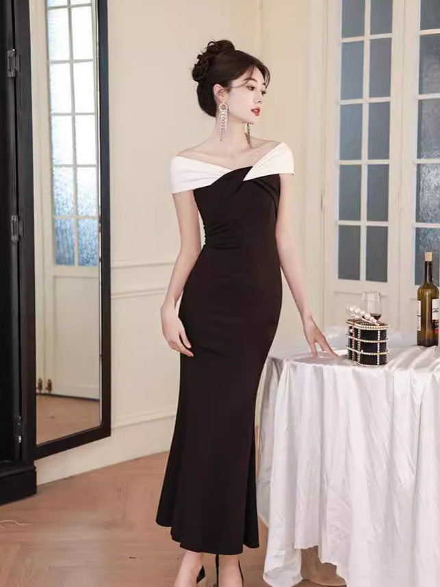 Evening Dress Female Host black and white  Banquet Dress Color Matching Fishtail Dress H90030