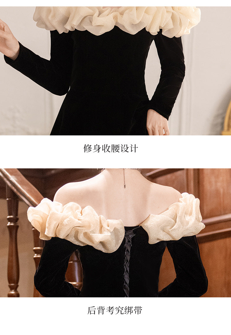 off-Shoulder Black Evening Dress 2024 New Banquet Temperament Host French Entry Lux Niche Long Sleeve Autumn and Winter