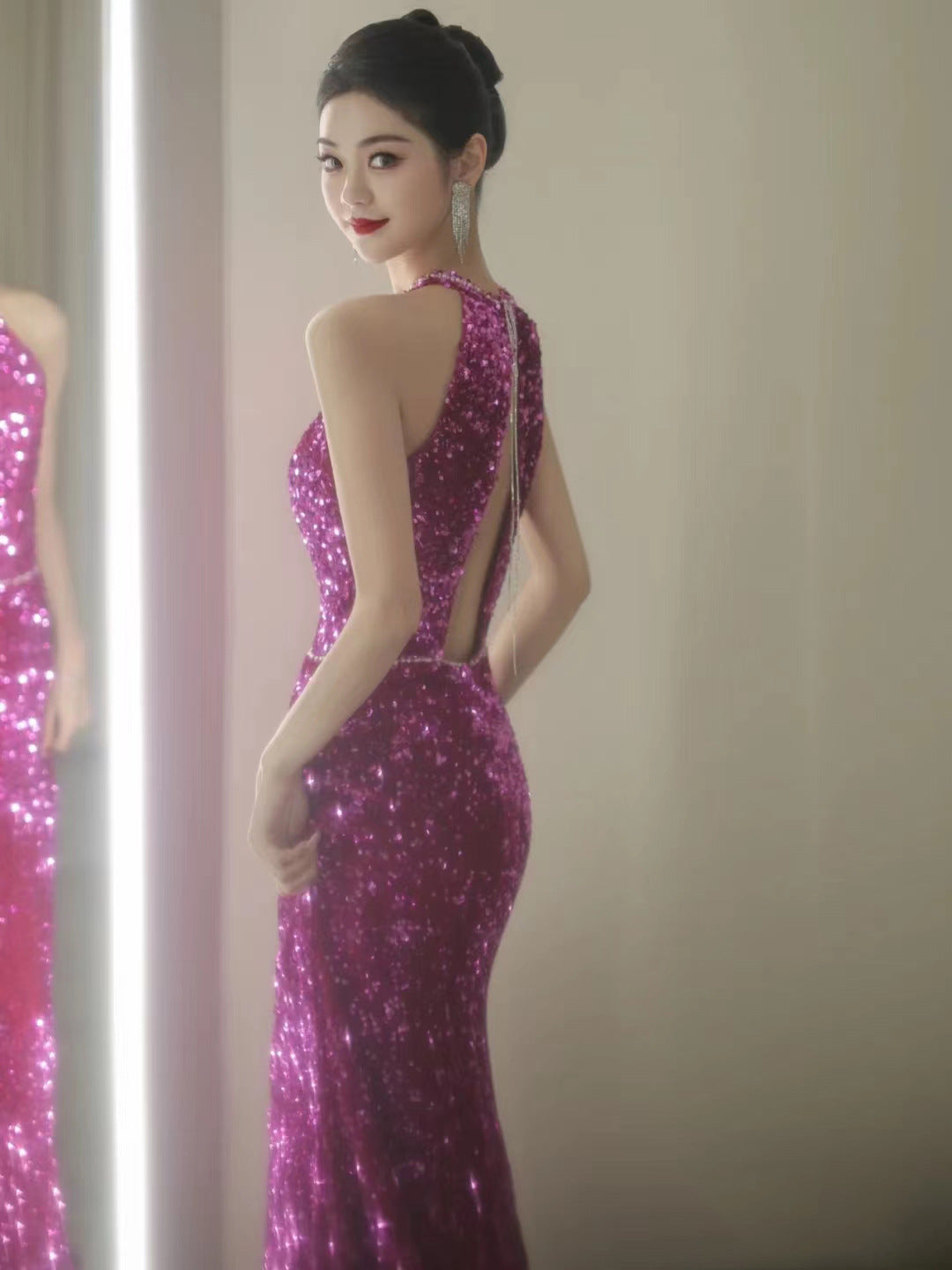 Dragon Fruit Dinner Dress 2024 New Sequined Fishtail Bridal Wedding Toast Backless Party Evening Dress