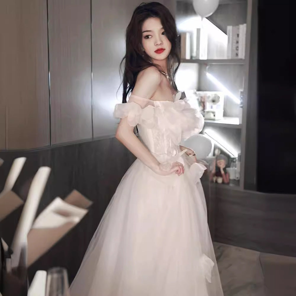 White Evening Dress Women's French Style High Sense Birthday Adult Wedding Dress Princess on the Run High-End Affordable Luxury Niche Host