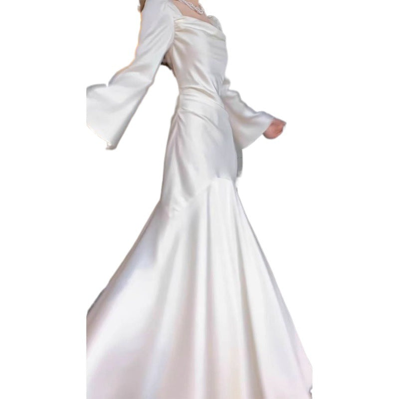 French Style Long Sleeve Fishtail Dress Early Spring High-End Satin Collar White Dress Engagement Dress Wedding Morning Gowns