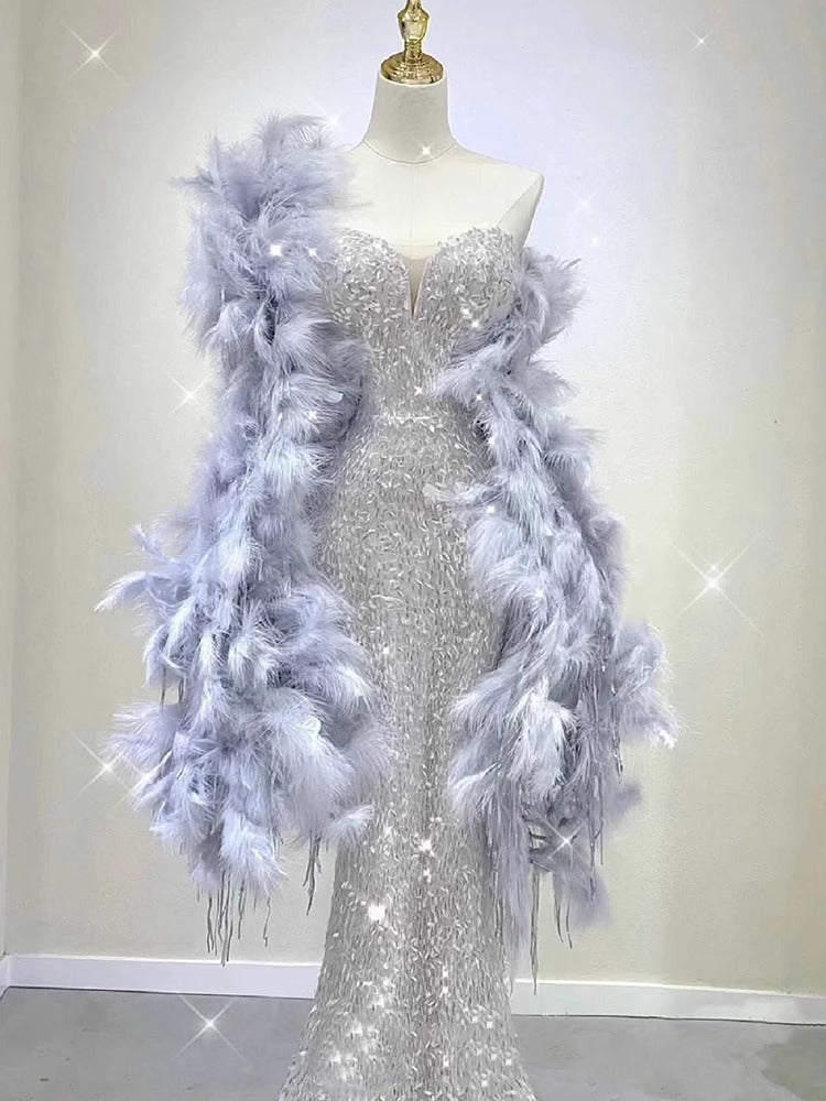 Engagement Tube Top Evening Dress for Women 2024 New Sexy Silver Paillette Fishtail Dress Feather Shawl Bridal Toast Dress