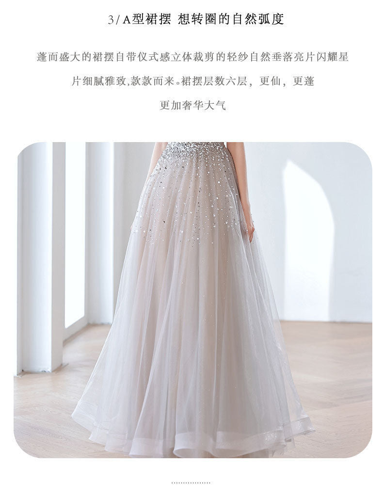 Temperament Banquet Evening Dress for Women 2024 New Autumn Bridal off-Shoulder Gray Elegant Dress for Host