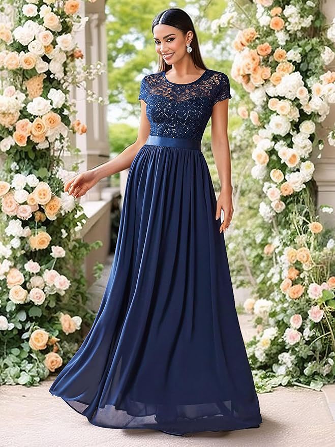 Cross-Border Amazon Fashion Banquet Dress Elegant European and American Bridesmaid Dress Wedding V-neck Short Lace Chiffon Dress