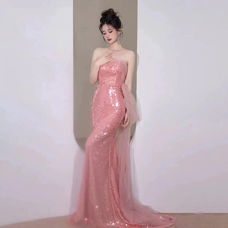 Evening Dress Dinner Ball Dresses Pink Sequin Lace French Style Pink Dress Elegant Fishtail H129