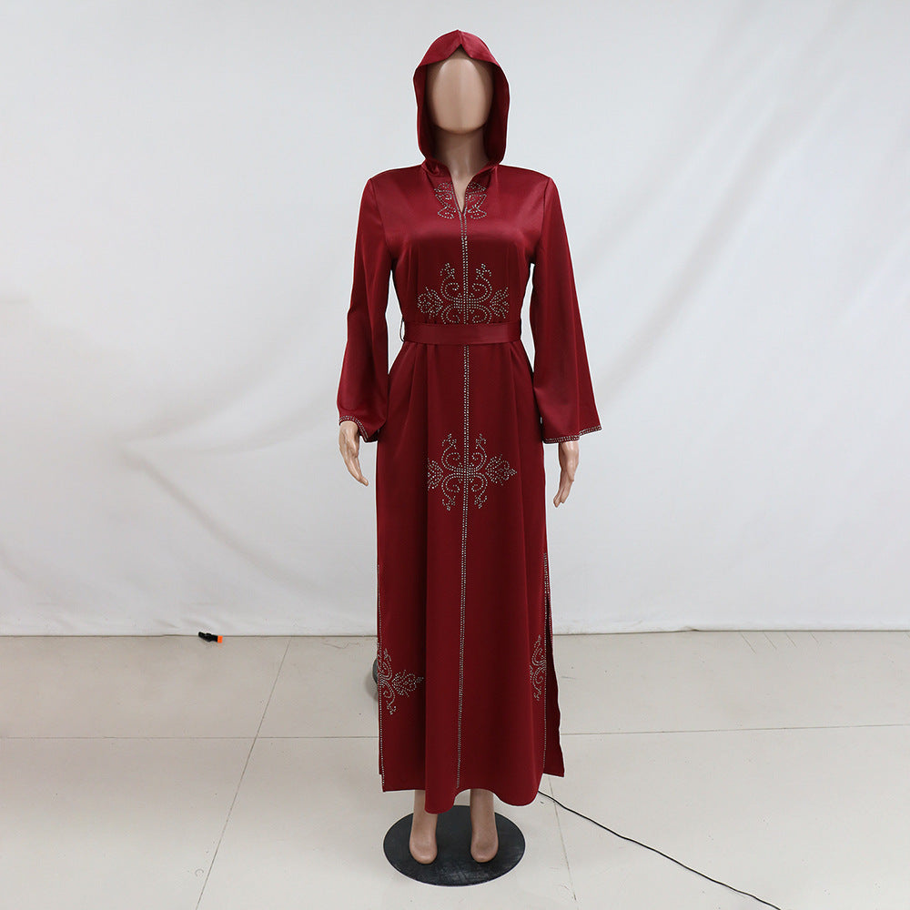 Xqy500157 Middle East Abaya Ethnic Style Dress Hooded Robe Fashion Diamond-Embedded Slits Lower Hem Dress