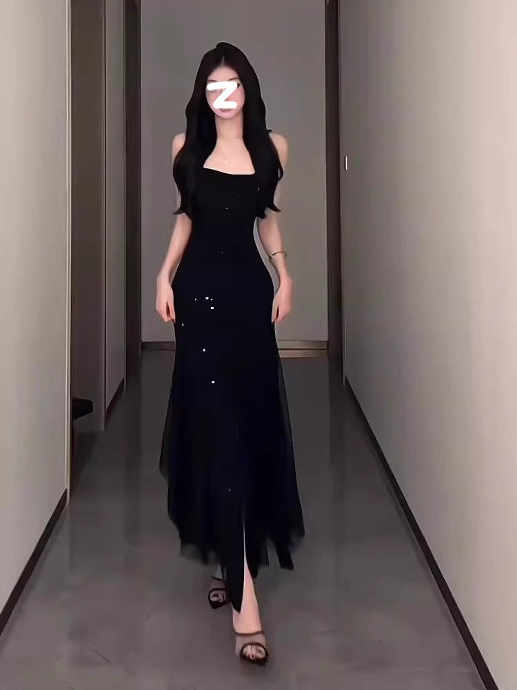French Style Black Heavy-Duty Sling Dress Women's Summer Evening Dress Temperament Waist-Controlled Slim Fit Sexy Fishtail Long Dress