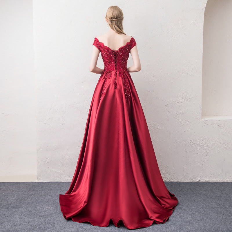 off-Shoulder Wine Red Toast Dress Bride 2024 New Marriage Engagement Wedding Family Visiting Shoes Banquet Evening Dress