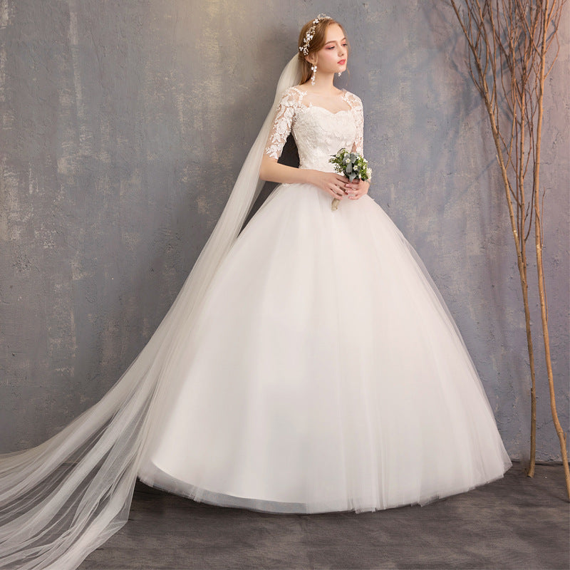 Wholesale Primary Wedding Dress 2024 New off-Shoulder Half Sleeve Floor-Length Simple Lightweight Wedding Dress French Retro Female Manufacturer