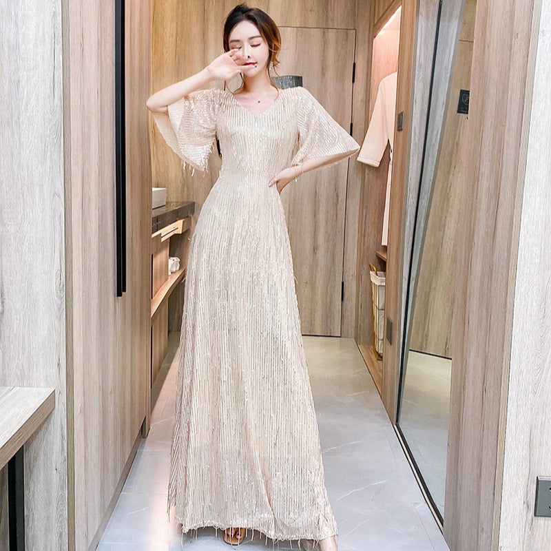 Starry Evening Dress Dignified Temperament Bride Toast Dress V-neck Flared Sleeves Sequined Tassel Slimming Long Dress Women