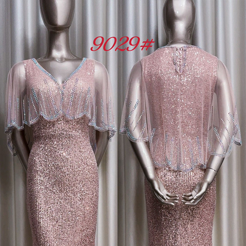 Silver V-neck Sequins Dress plus Size Shawl Fashion Minority Design Birthday Banquet Host Fishtail Dress
