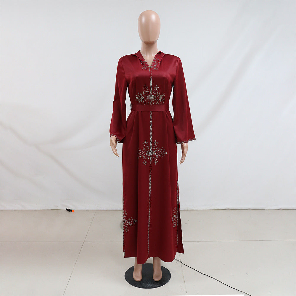 Xqy500157 Middle East Abaya Ethnic Style Dress Hooded Robe Fashion Diamond-Embedded Slits Lower Hem Dress