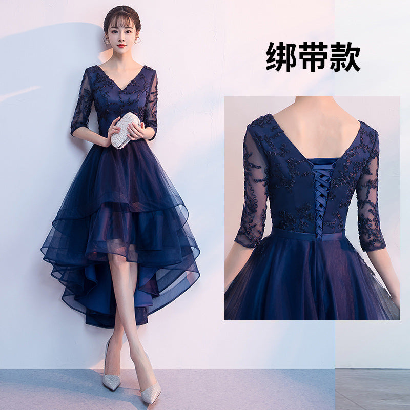 Navy Blue Evening Dress Temperament Banquet Mom Wedding Reception Clothes Front Short Back Length Dress Daily Style Autumn and Winter